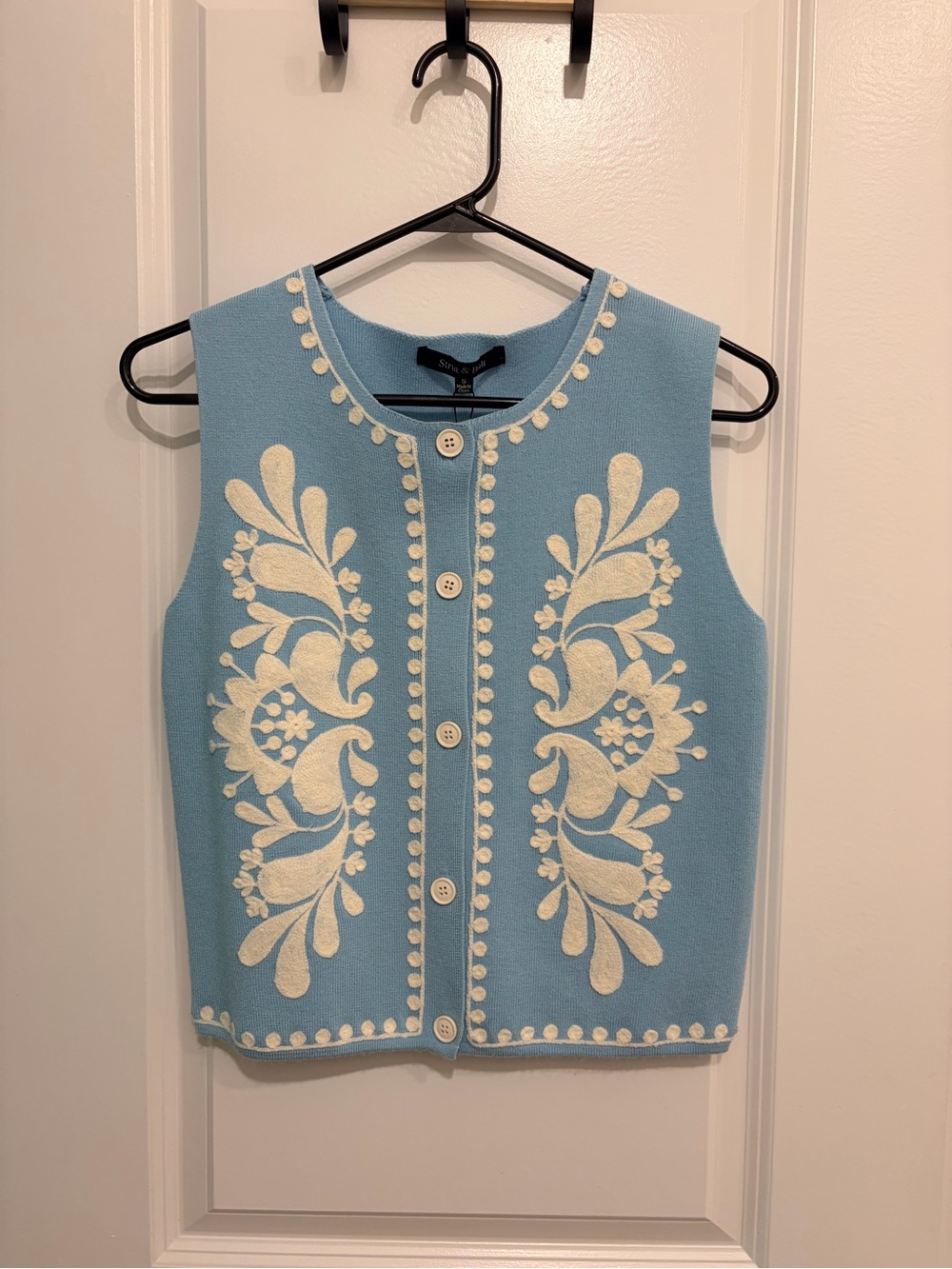 Sky Blue Sleeveless Embroidered Cardigan Vest with Cream Motif